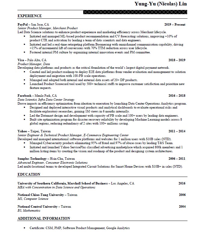 An example of a google product manager resume