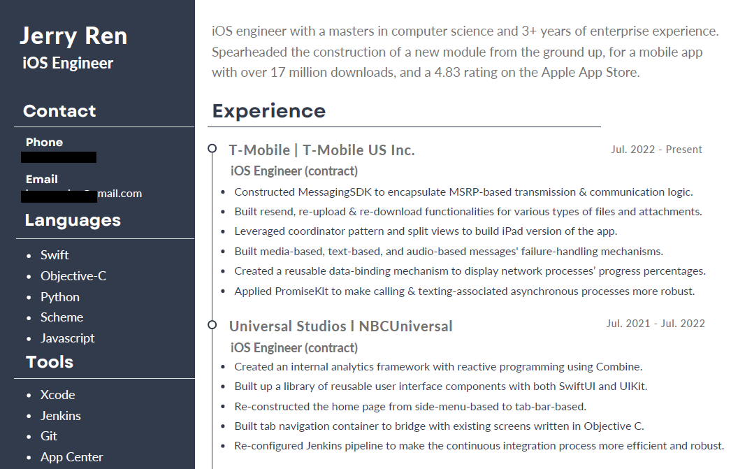 iOS engineer resume example part 1