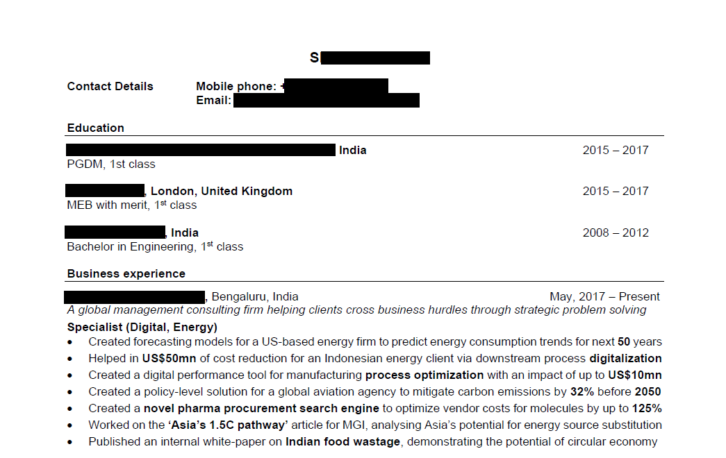Bain example resume part 1