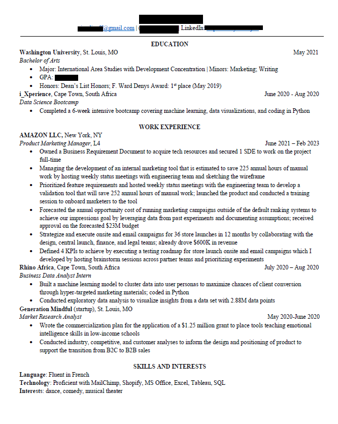Amazon product manager resume example