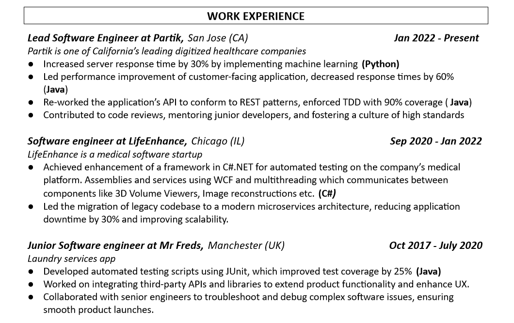 swe resume template - work experience