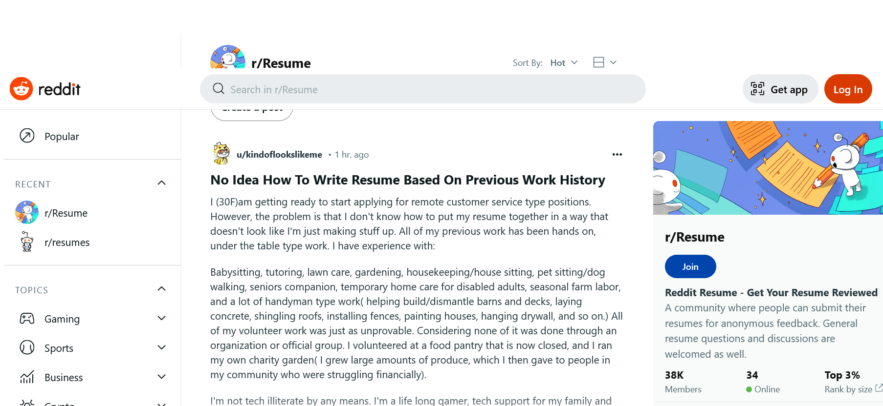 Reddit resume page