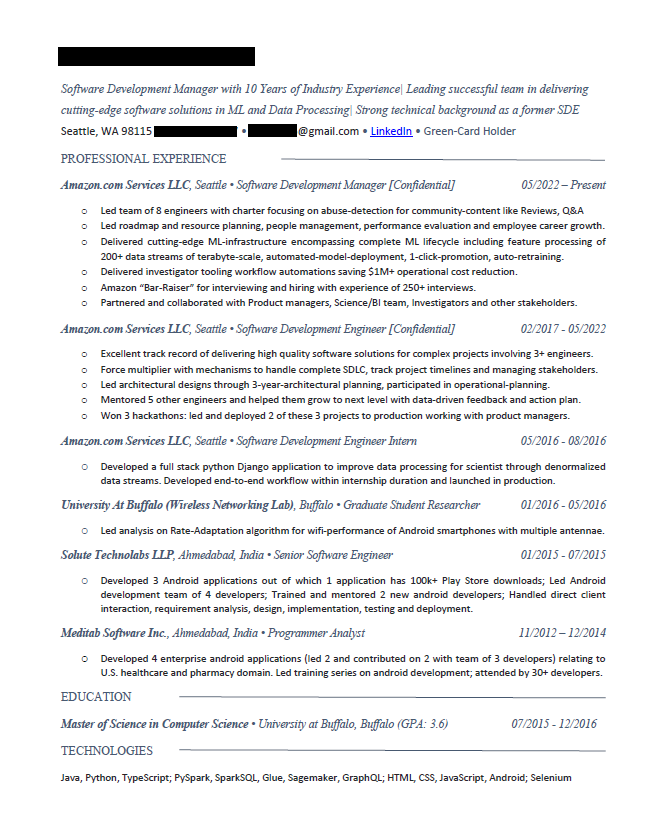 Amazon software development manager resume